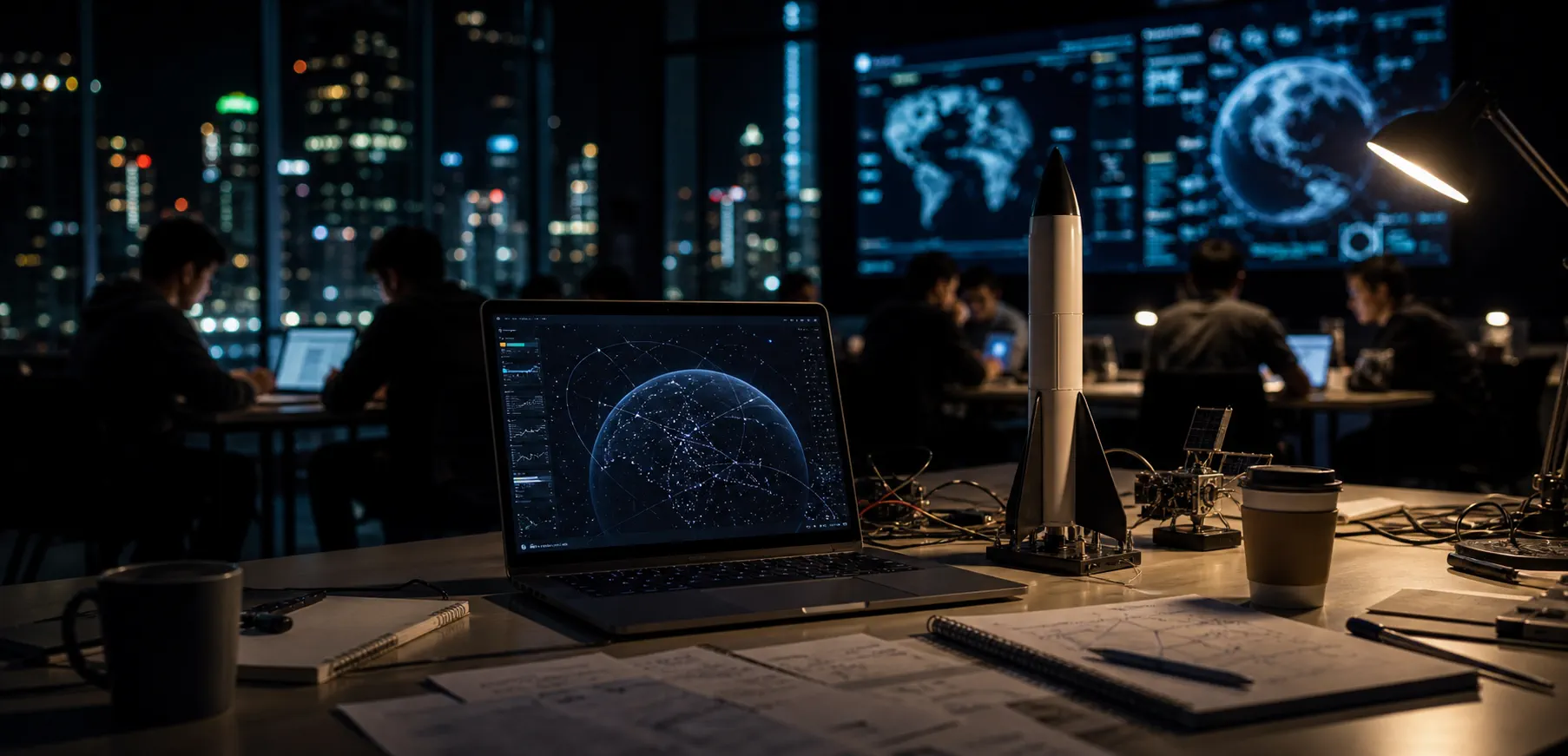 Hackathon table with laptop, prototype hardware, and space data screens