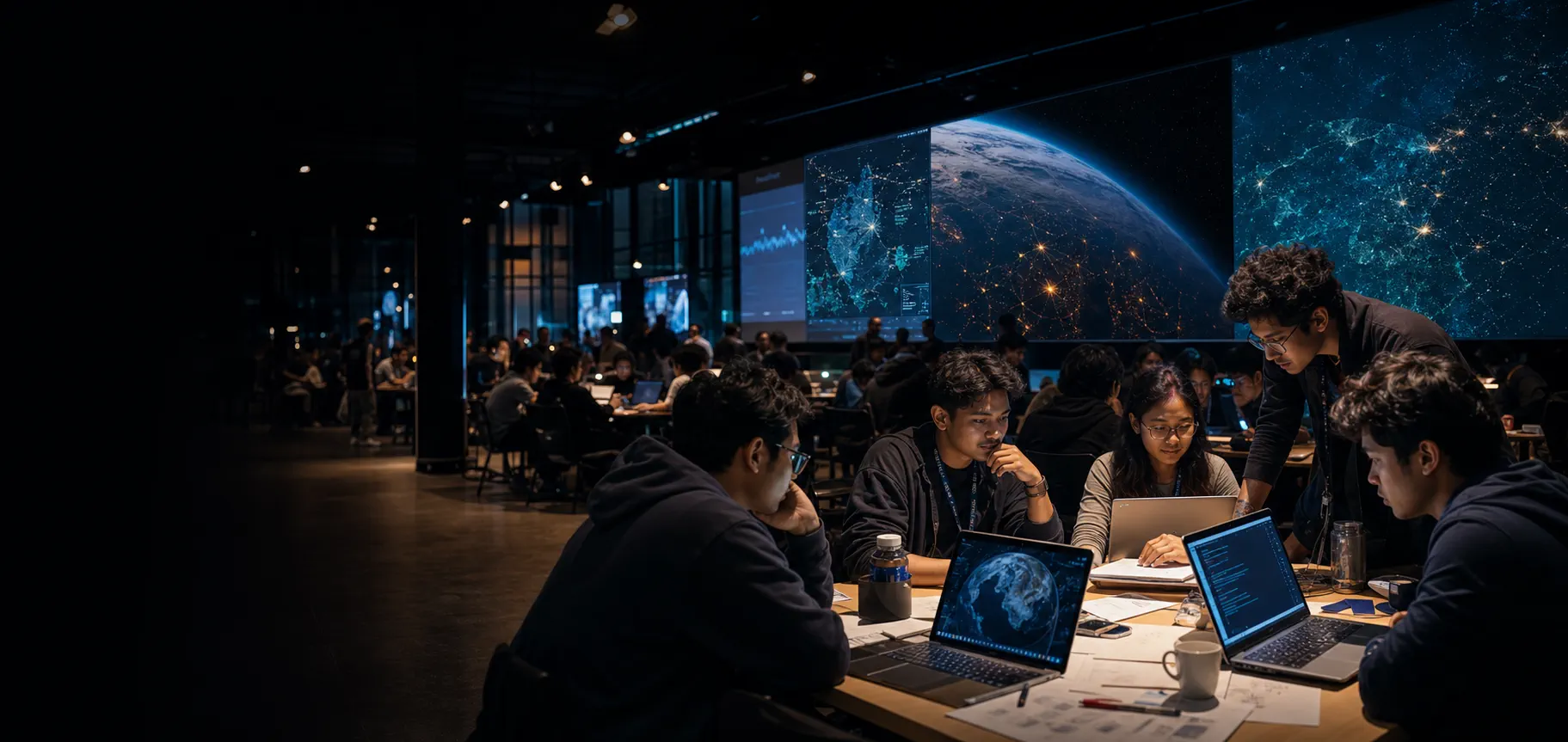 Surabaya hackathon participants collaborating around laptops and space data visualization screens